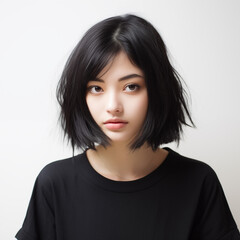 Fototapeta premium South Korean Japanese Asian Girl Short-Haired Wearing A Black T-Shirt White Background AI Generate 