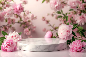 Round podium, platform, stand for beauty product presentation. Spring beautiful peonies flowers around on background. 