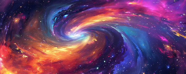 A cosmic dance of swirling galaxies in vibrant hues, merging into a celestial masterpiece