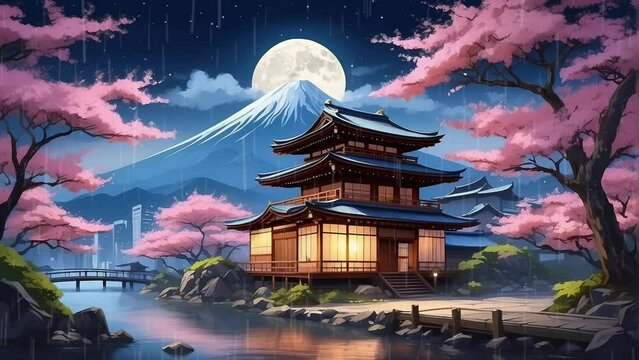 japanese tradional house with rain and lake moutain background in the night. Generative AI video looping animation