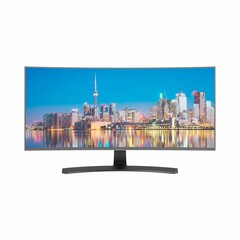 3D rendering of a TV with skyscrapers on the screen on a white background