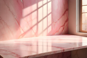empty room with Marble shine polished table surface floor, Sun light shadows From Window, Sun light From Window, Minimal abstract Pink color background for product presentation