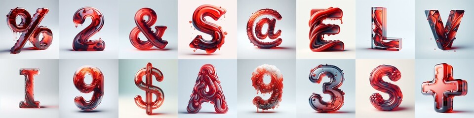 Red glass 3D Lettering Typeface. AI generated illustration