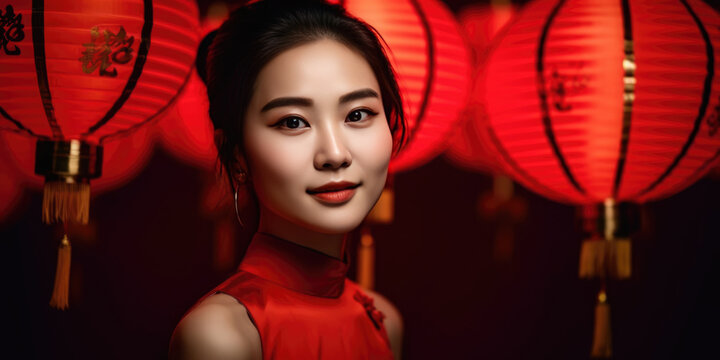 Young beauty asian woman standing under red Chinese lanterns, smiling and looking to camera