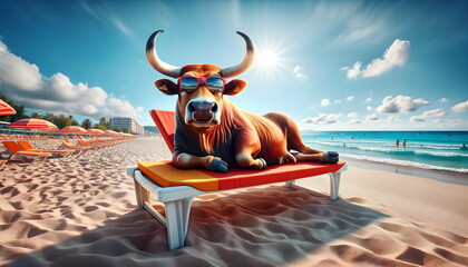 bull lying on sun bed and drinking a cocktail in summer sunny sea beach - obrazy, fototapety, plakaty