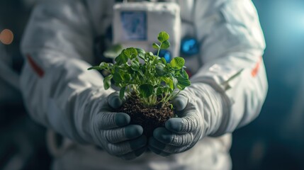 Astronaut holding plants in his hands on an alien planet - obrazy, fototapety, plakaty