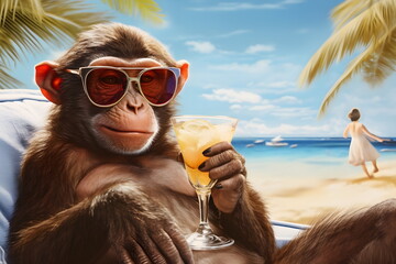 monkey lying on sun bed and drinking a cocktail in summer sunny sea beach - obrazy, fototapety, plakaty