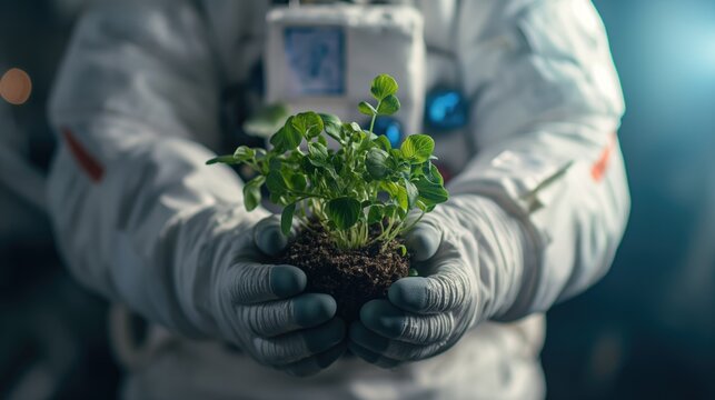 Astronaut holding plants in his hands on an alien planet