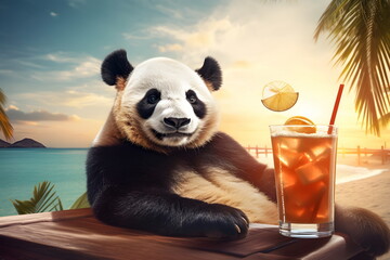 panda bear lying on sun bed and drinking a cocktail in summer sunny sea beach