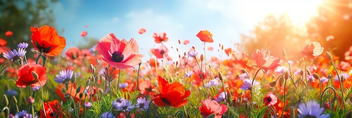 Vivid Floral Field Against a Sunny Background. Made with Generative AI Technology