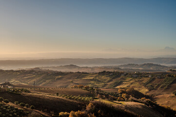 Marche. Spectacular winter landscape of the Marche hills. View from Acquaviva Picena