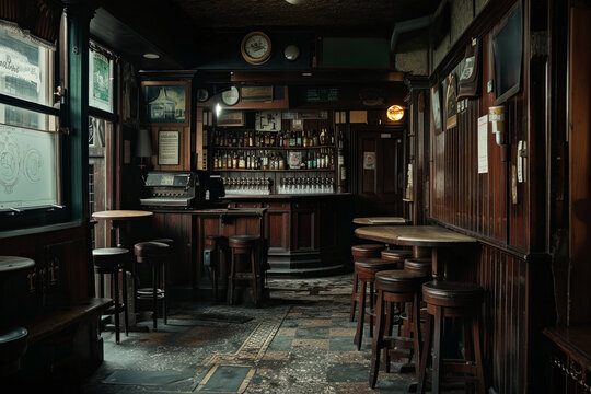 Empty Irish pub. Temple Bar is a famous landmark in Dublins cultural quarter visited by thousands of tourists every year. Inside of the Temple Bar in the center of the Irish capital