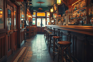 Fototapeta na wymiar Empty Irish pub. Temple Bar is a famous landmark in Dublins cultural quarter visited by thousands of tourists every year. Inside of the Temple Bar in the center of the Irish capital