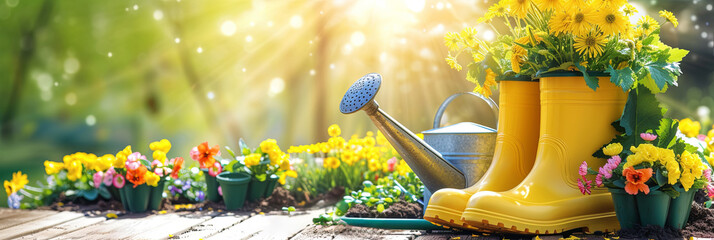 Gardening tools, spring flowers, gardening glows, watering can on green grass in the garden. Banner...