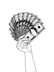 Monochrome Female Hand Holding a Fan of Dollar Banknotes - 727055943