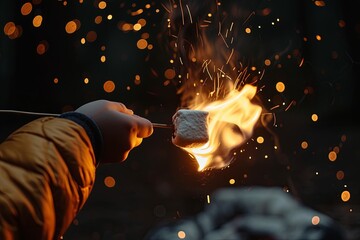 Delicious puffy marshmallows roasting over bonfire, closeup. Space for text: hand of child or adult holding skewer.