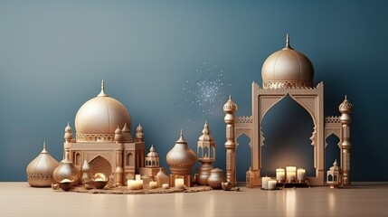 3d rendering image of ramadan and eid fitr theme greeting background with islamic decoration objects, generative ai,  - obrazy, fototapety, plakaty