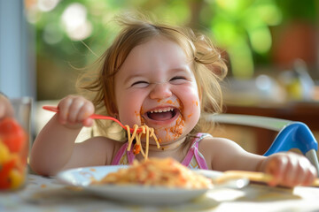Happy young cute little girl eating spaghetti with a messy face laughing. Joyful kids growing, healthy childhood