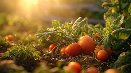 garden Pure organic tomato cultivation Harvesting tomatoes Healthy plants and fruit in the open field.