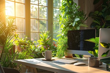 Modern home office with greenery and lots of green plants. Work life balance concept. Enjoying working from an atmospheric home office full of green plants. - obrazy, fototapety, plakaty