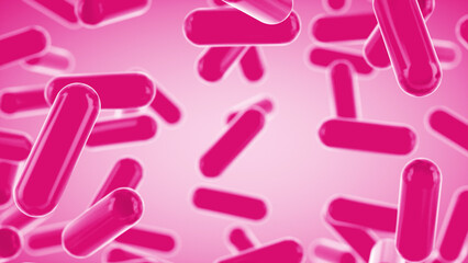 Glass transparent capsules moving down on a pink background. Tablet pills capsules float slowly in slow motion. 3d rendering