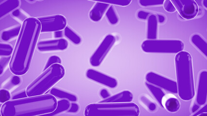 Glass transparent capsules moving upward on a purple background. 3d rendering
