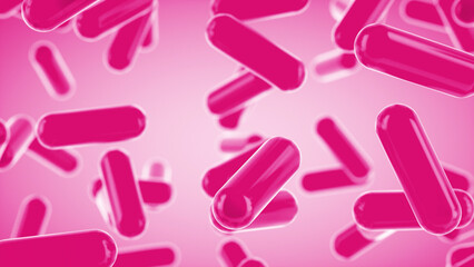 Glass transparent capsules moving down on a pink background. Tablet pills capsules float slowly in slow motion. 3d rendering
