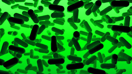 Capsules are moving upward on a green background. Tablet pills capsules float slowly in slow motion. 3d rendering