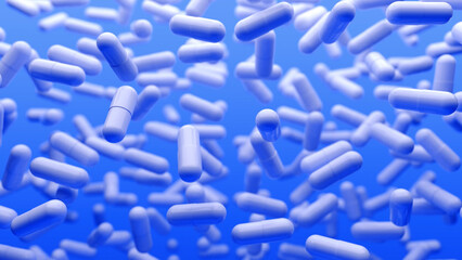 Blue 3D background with slowly floating capsules. Smoothly floating and colliding pills and capsules. Medical capsule with biomedical concept. 3d rendering