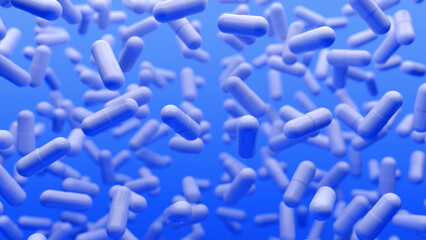 Blue 3D background with slowly floating capsules. Smoothly floating and colliding pills and capsules. Medical capsule with biomedical concept. 3d rendering