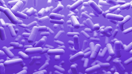 Purple 3D background with slowly floating capsules. Smoothly floating and colliding pills and capsules. Medical capsule with biomedical concept. 3d rendering