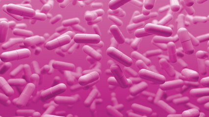 Pink 3D background with slowly floating capsules. Smoothly floating and colliding pills and capsules. Medical capsule with biomedical concept. Colorful Neon Light. 3d rendering
