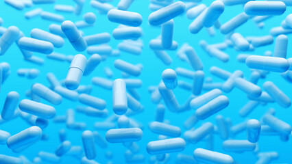 Blue 3D background with slowly floating capsules. Smoothly floating and colliding pills and capsules. Medical capsule with biomedical concept. 3d rendering