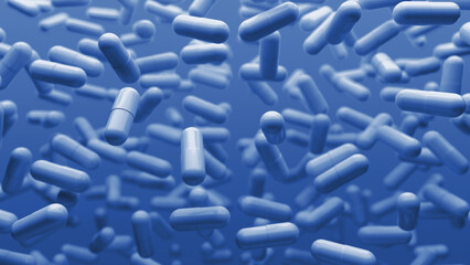 Blue 3D background with slowly floating capsules. Smoothly floating and colliding pills and capsules. Medical capsule with biomedical concept. 3d rendering
