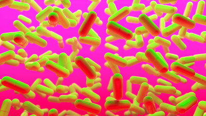 Multicolored 3D background with slowly floating capsules. Psychedelic drug for the treatment of severe stages of depression. Fashion, VJ, Neon concept. 3d rendering