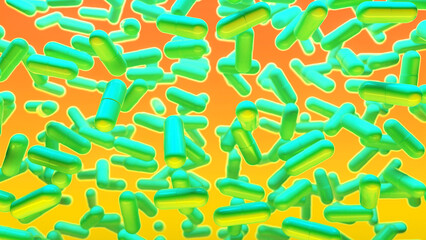 Multicolored 3D background with slowly floating capsules. Psychedelic drug for the treatment of severe stages of depression. Fashion, VJ, Neon concept. 3d rendering
