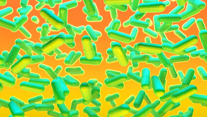 Multicolored 3D background with slowly floating capsules. Psychedelic drug for the treatment of severe stages of depression. Fashion, VJ, Neon concept. 3d rendering