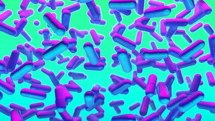 Multicolored 3D background with slowly floating capsules. Psychedelic drug for the treatment of severe stages of depression. Fashion, VJ, Neon concept. 3d rendering