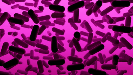 Pink 3D background with slowly floating capsules. Smoothly floating and colliding pills and capsules. Medical capsule with biomedical concept. Colorful Neon Light. 3d rendering