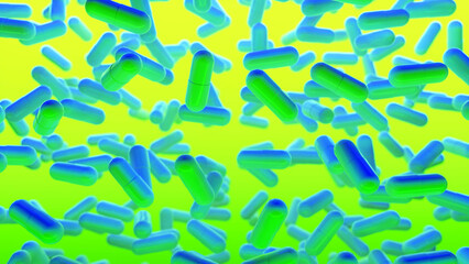 Multicolored 3D background with slowly floating capsules. Psychedelic drug for the treatment of severe stages of depression. Fashion, VJ, Neon concept. 3d rendering