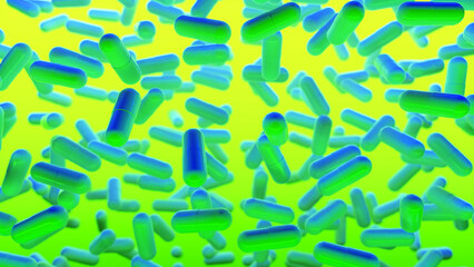 Multicolored 3D background with slowly floating capsules. Psychedelic drug for the treatment of severe stages of depression. Fashion, VJ, Neon concept. 3d rendering