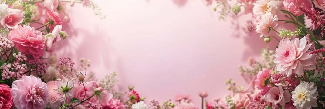 Mother's Day abstract pink color background decorated with pink flowers. Banner with copy space