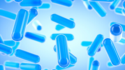 Glass transparent capsules moving down on a blue background. Tablet pills capsules float slowly in slow motion. 3d rendering
