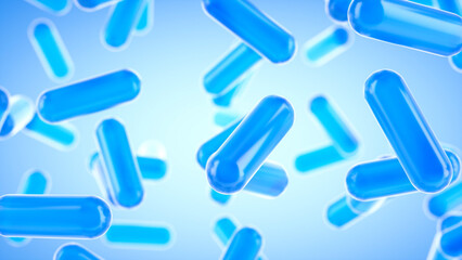 Glass transparent capsules moving down on a blue background. Tablet pills capsules float slowly in slow motion. 3d rendering