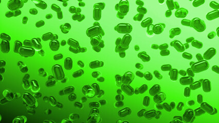 Glass transparent capsules moving down on a green background. Tablet pills capsules float slowly in slow motion. 3d rendering