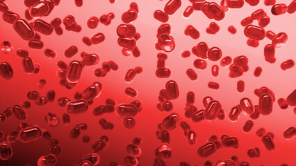Capsules are moving upward on a red background. Tablet pills capsules float slowly in slow motion. 3d rendering