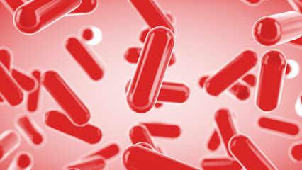 Capsules are moving upward on a red background. Tablet pills capsules float slowly in slow motion. 3d rendering