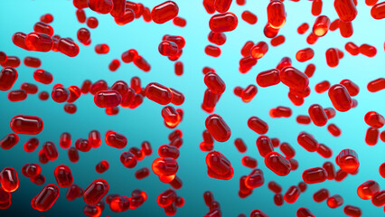 Glass transparent red capsules moving down on a green background. Tablet pills capsules float slowly in slow motion. Medical capsule with biomedical concept. 3d rendering