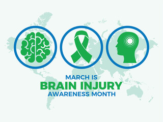 March is Brain Injury Awareness Month poster vector illustration. Green awareness ribbon, human brain and head silhouette round icon set vector. March each year