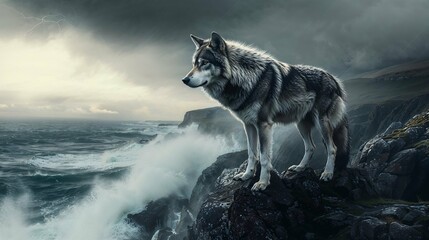 wolf standing on a mountain at the sea
